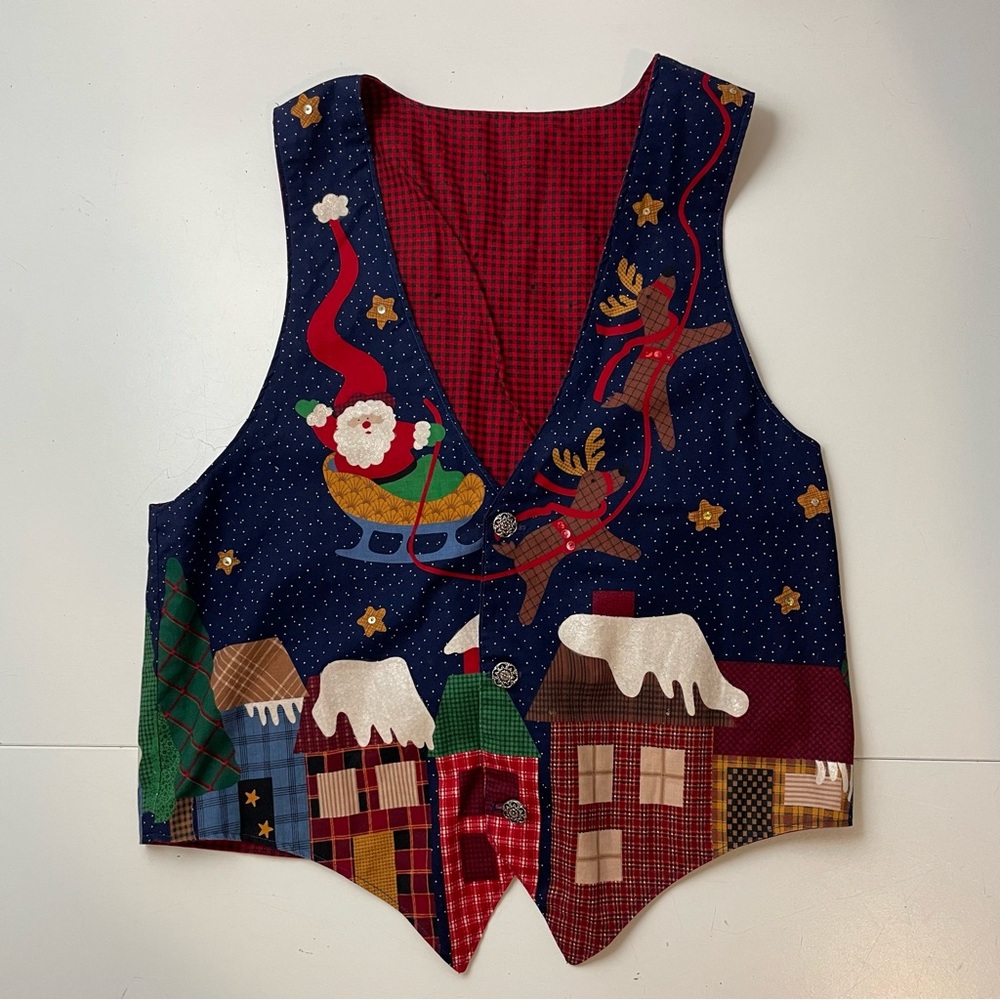 Women's Holiday Patchwork Vest - Navy with Red Accents